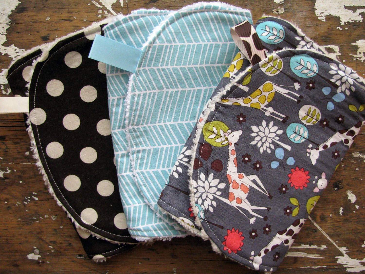 Baby Boy Burp Cloths - Set of 3 - Grey Giraffe Garden, Aqua Herringbone & Brown Polka Dot