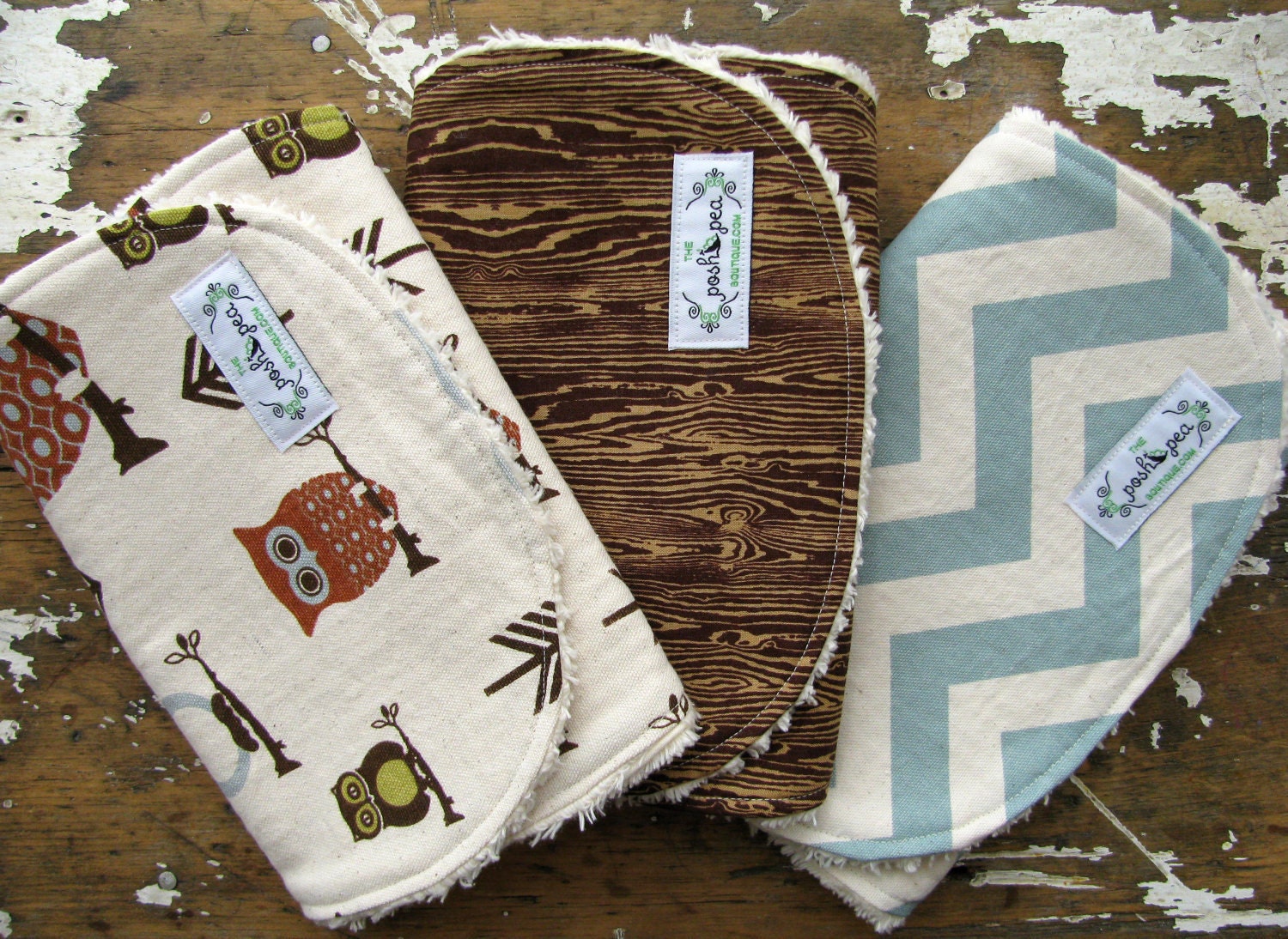 Baby Burp Cloths - Set of 3 - Natural Hooty Owl, Brown Woodgrain, and Vintage Blue Chevron