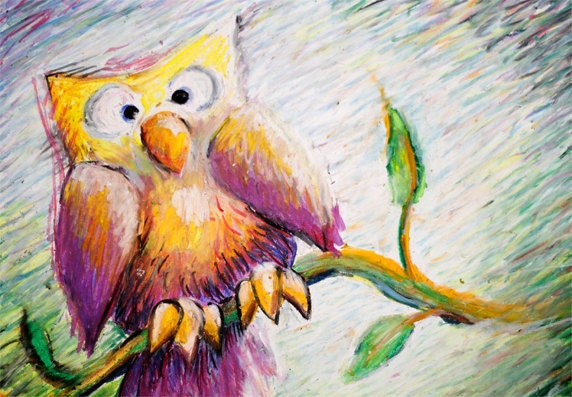 Art, Surprised Owl Perched on a Branch, 10x15 Art Print from Oil Pastel Drawing in Yellow and Purple