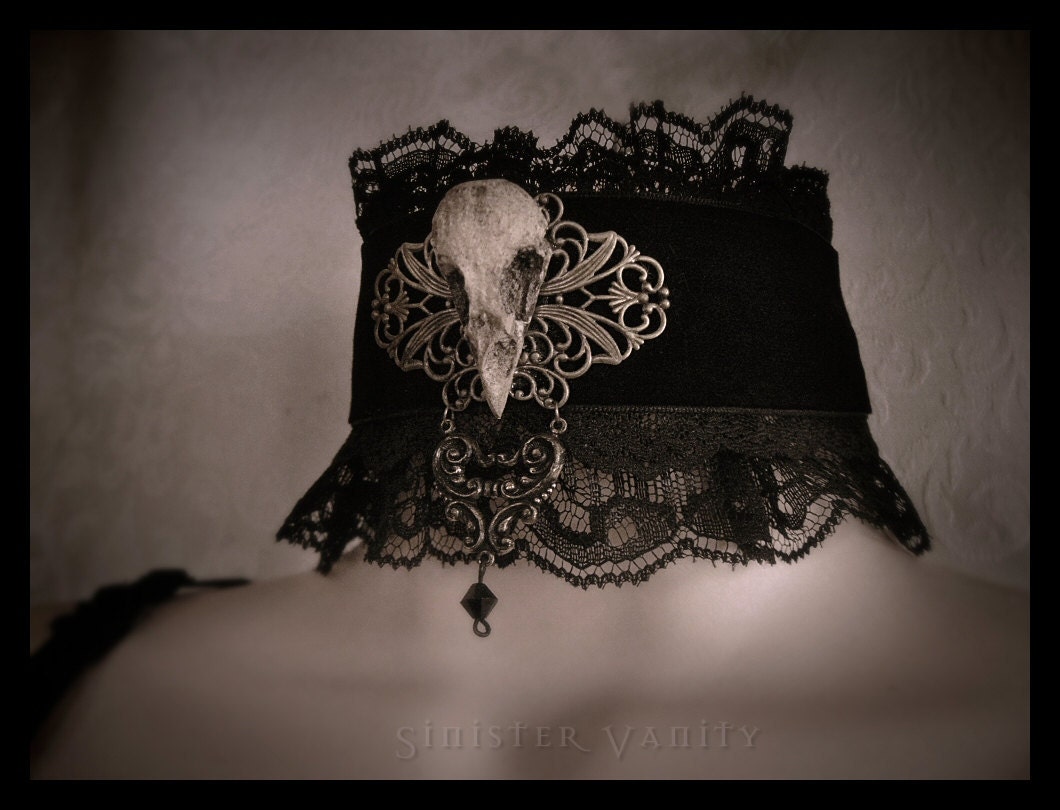 Gothic Necklace Skull Necklace Victorian Choker Black Lace & Velvet Bird Skull Brass filigree