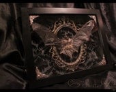 Gothic Taxidermy Bat Goth Curio Black Antique Damask Brass Filigree Neo-Victorian Shadow box frame macabre wall Plaque art