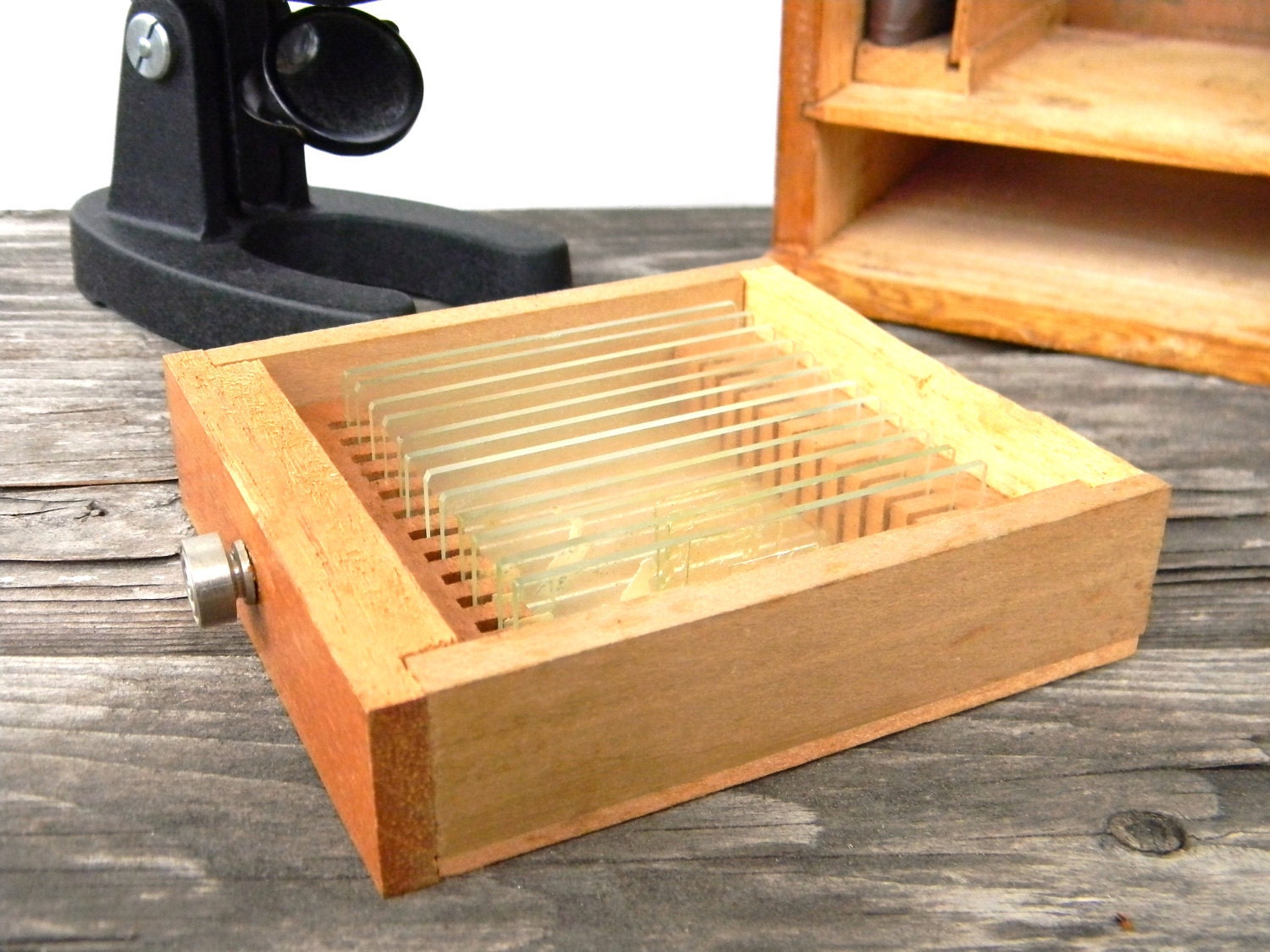Vintage Microscope Set by Mark II with tools and slides in original Wooden Box