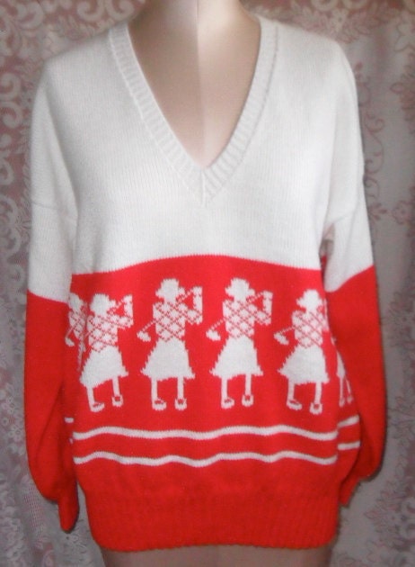 Vintage Sweater V-Neck Golf Pullover Red and White Knit