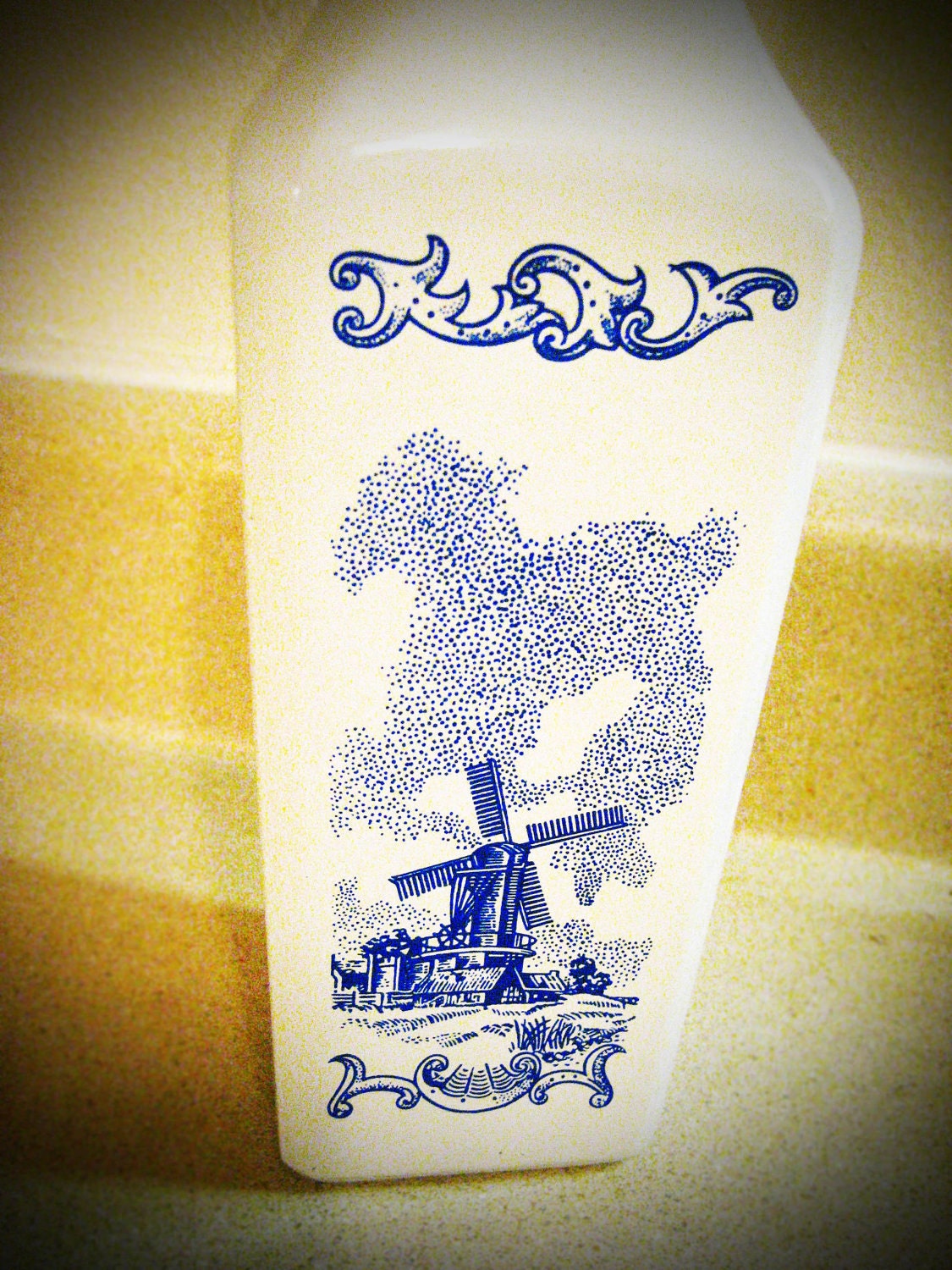 White Blue Dutch Liquor Bottle (empty) - windmills, painted glass, vintage, tulips holland whiskey bourbon vodka scotch tequila malt