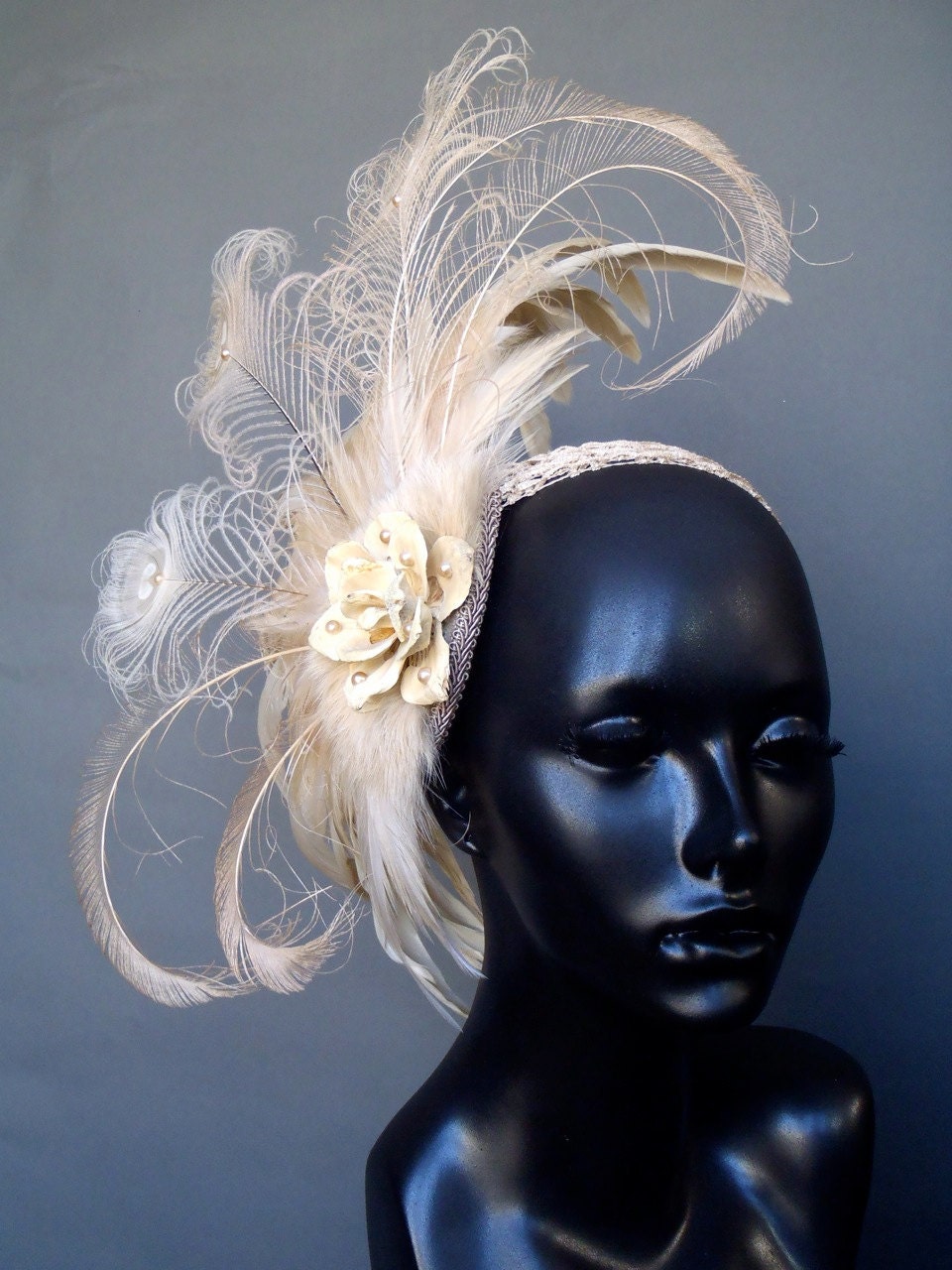MADE TO ORDER: Creme Peacock Feather Headpiece