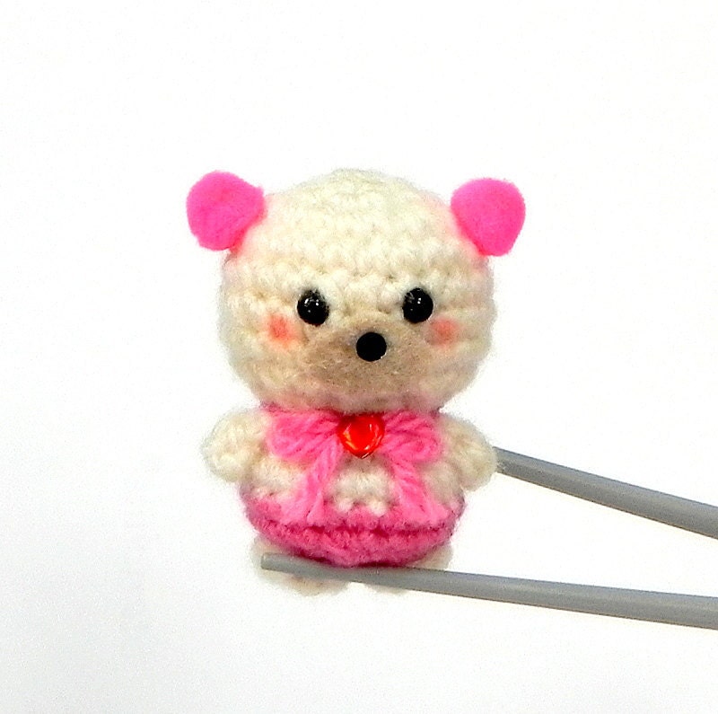 Amigurumi Neon pink pom pom ears BBQ MochiQtie - Mochi size crocheted amigurumi mini toy  doll