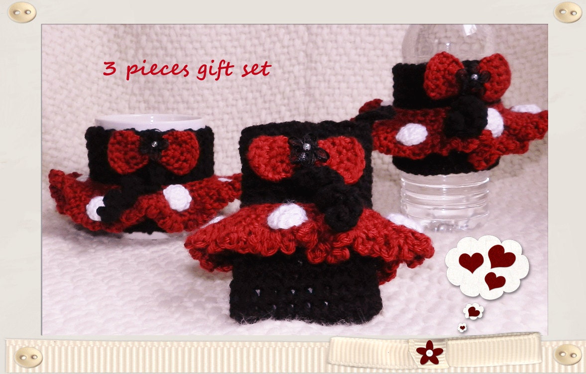 Disney inspired - Red Minnie Mouse 3 pieces Set - Bottle Cozy, Cup Cozy & Cell Phone Cozy - gift under 50.