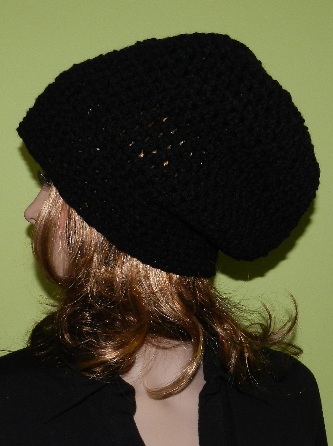 HIPPIE Hat  Women Teen Hat crochet  Slouch Cap , Rasta Cap, Big Beanie, boho hippie, hipster all season slouch hat  in BLACK