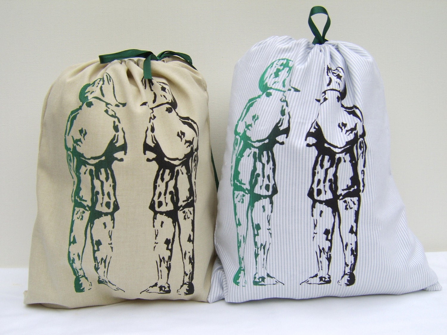 POUCH BAGS set of two cotton bags with green ribbons