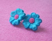 Bright Blue and Pink Flower Earrings