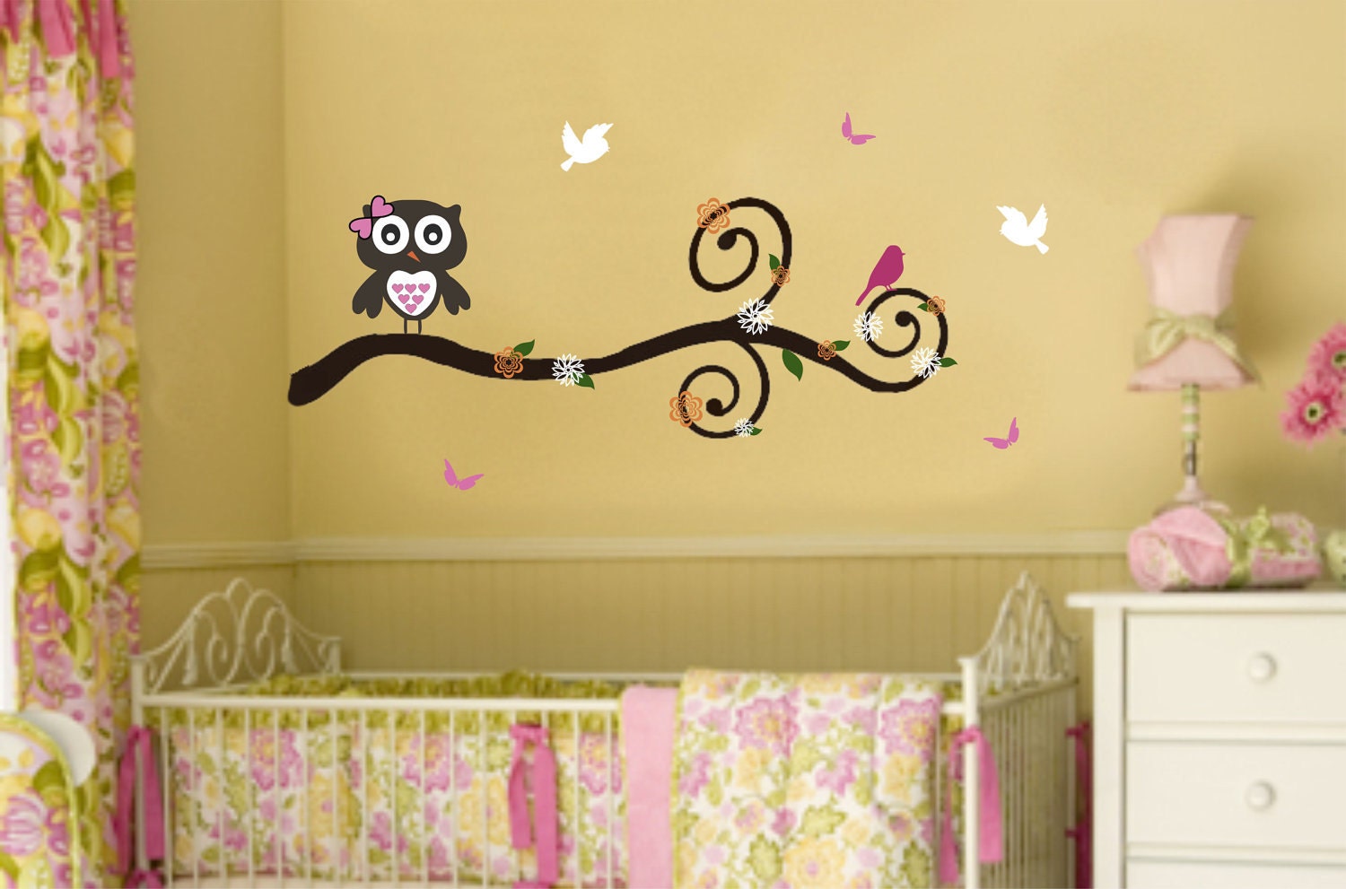 Nursery Branch Owl Wall Decal Birds Flowers Butterflies Vinyl Sticker Decor