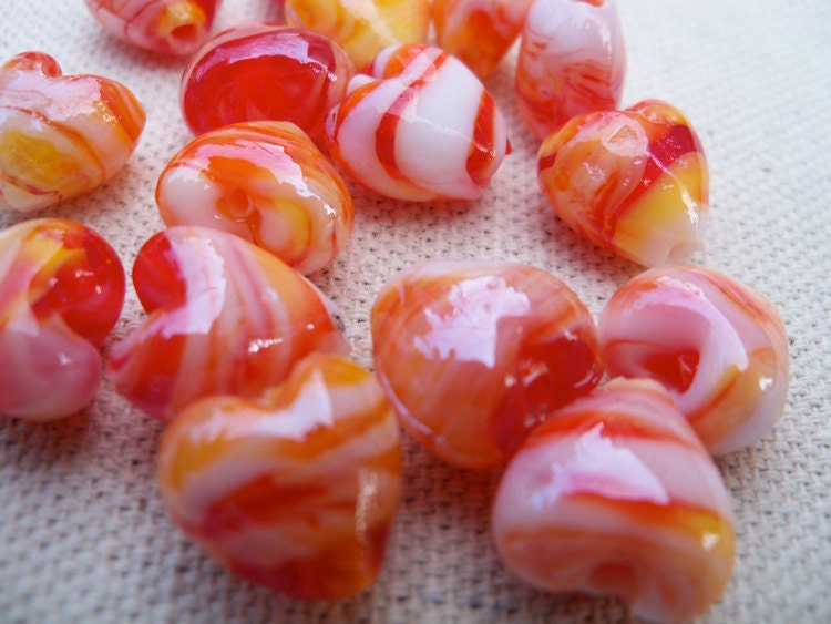 Lampwork Glass Heart Beads, Red, White Swirls 8 pcs