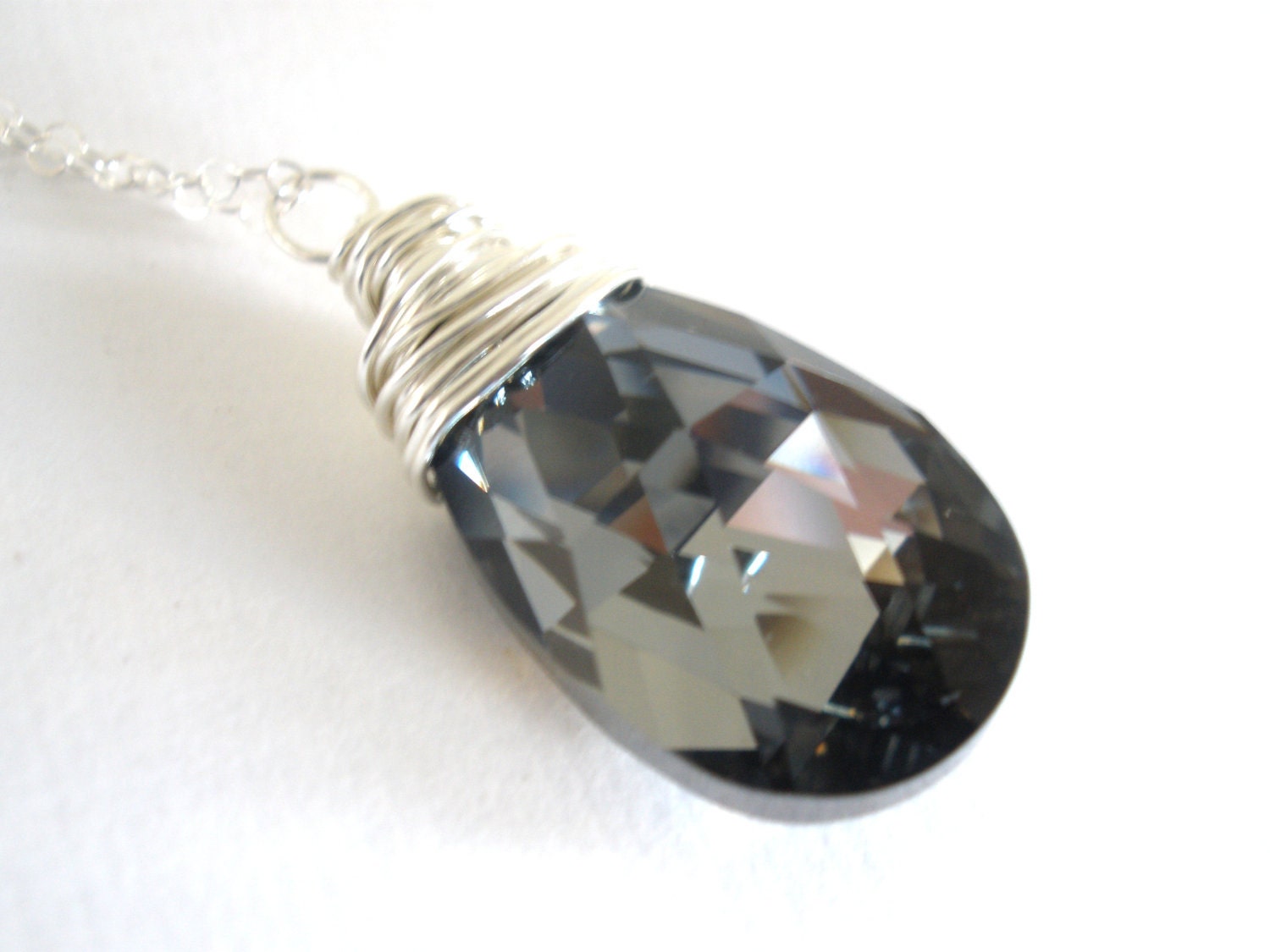 Swarovski Crystal Necklace, Sterling Silver Necklace, Focal Bead Necklace, Crystal Silver Night, Dark Gray, Pear Drop Pendant, Wire Wrapped