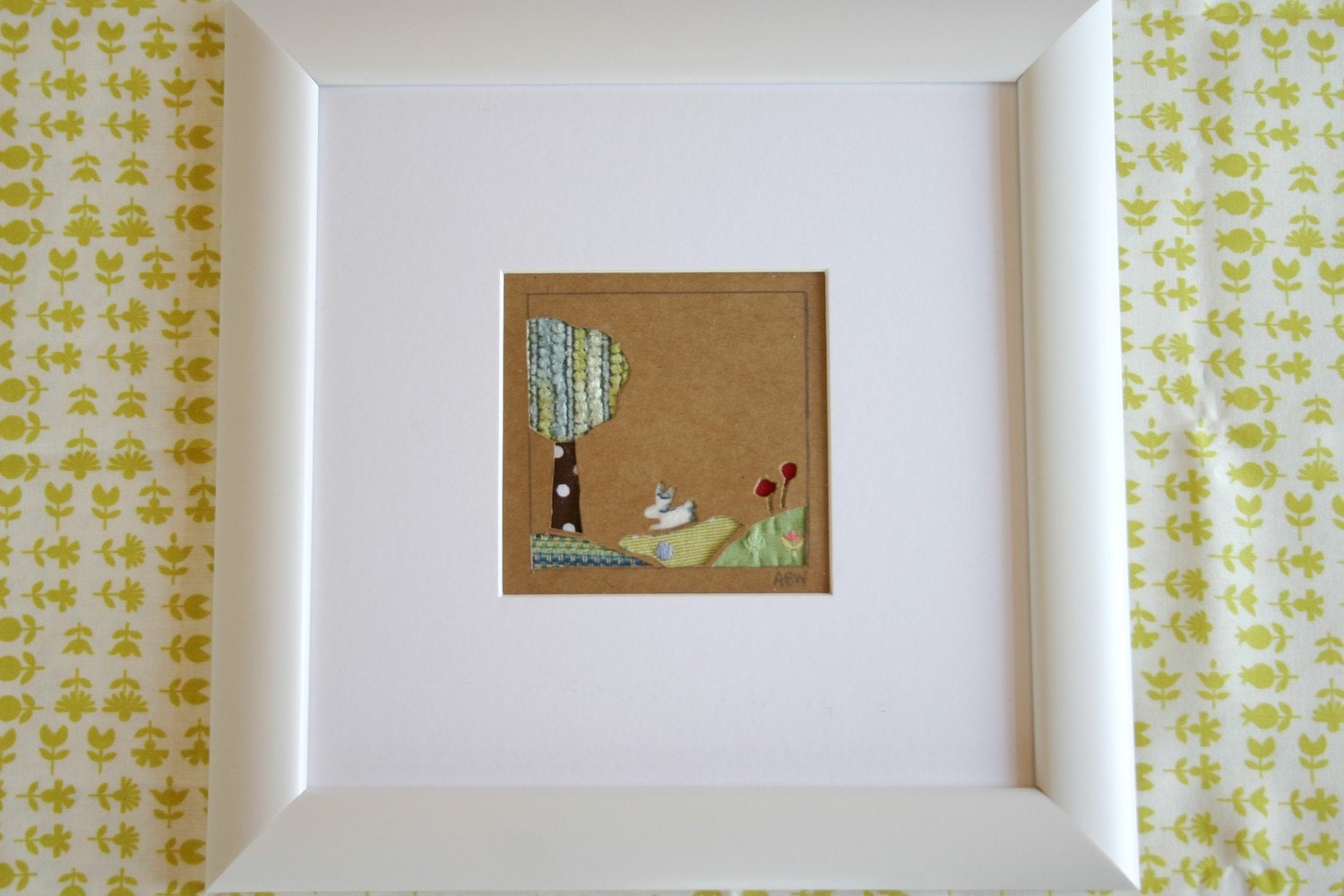Bunny and Poppies Fabric Papercut with frame