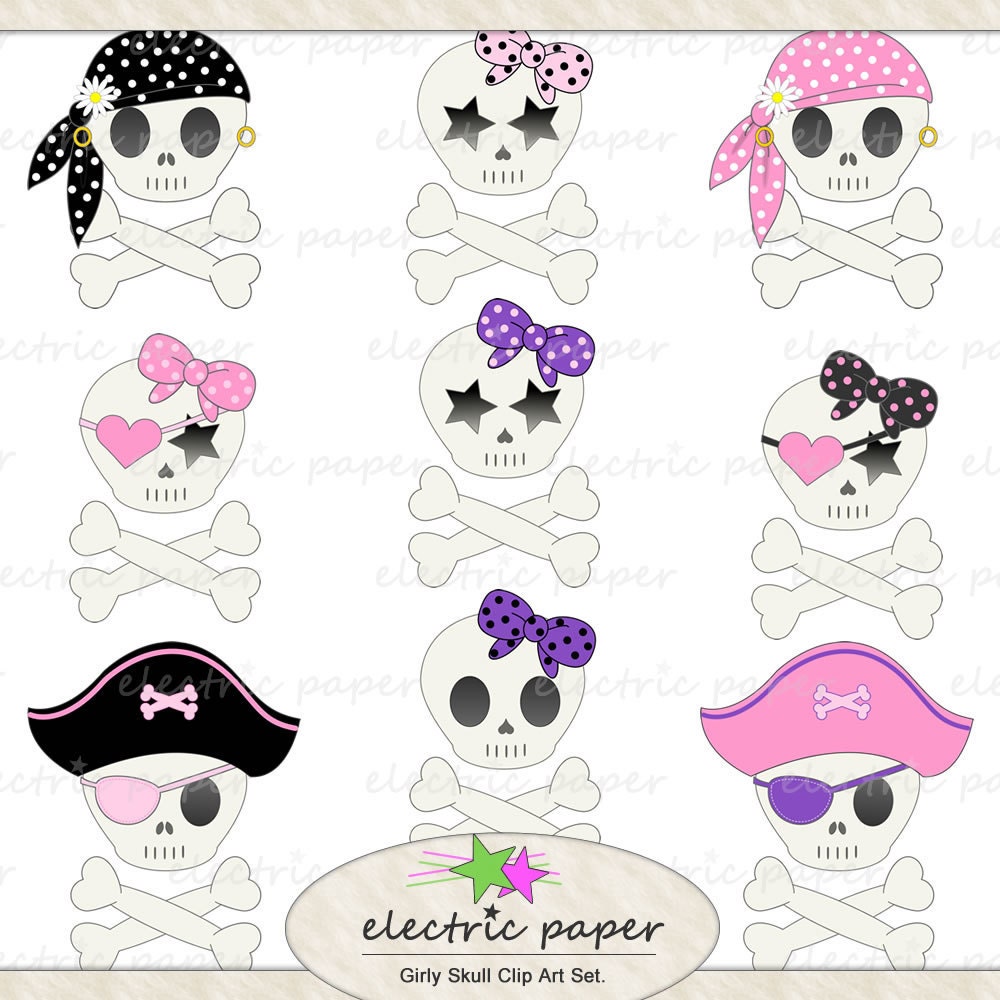 Cute Girly Skull Clip Art Set - 9 Girly Pirate Skulls  Instant Download