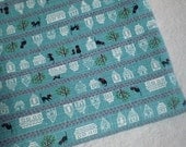 L312A - Cotton Linen Fabric - Stripe - Cat and House - blue  - Fat Quarter  - 27" x 19"(70 x 50cm)