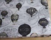 L038D -  Cotton Linen Fabric - Vintage hot air balloon  - Grey on white backgroud - 21" x 19" (55x50cm)