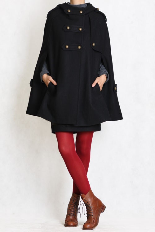 BLUE winter cape, Wool hoodie cape, double breasted hooded coat, winter cloak with hood , 70% wool , Size XS,S,M,L(FM003D)