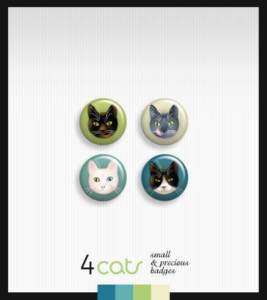 fashion pinback buttons - 1 inch diameter - "4 cats"