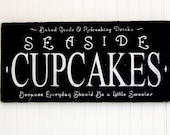 SALE - Seaside Cupcakes Vintage Style Advertisement Painted Wood Sign, Black, 24" X 11.25"  (kitchen, bakery, patisserie decor)