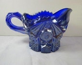 Vintage Cobalt Blue Carnival Glass Creamer Coffee Pitcher Ornate Heavy
