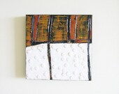 Buttoned Up - Black, white painting, abstract, ochre, minimalist, urban chic, orange, bold, stark, fine art, collector, art gift, 12x12