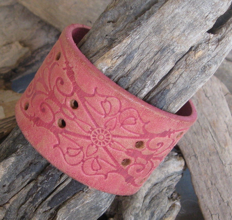 Leather Cuff, Women's Bracelet Cuff, Pink Leather Cuff, Tooled Leather Cuff, Leather Wrap Bracelet Cuff