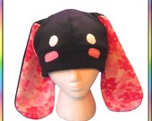 Blushy Flower Bunny Hat - Black Fleece Spring Rabbit Anime Otaku Lolita Cute Kawaii Ears Cosplay Face Pink Eyes Usagi Clothing