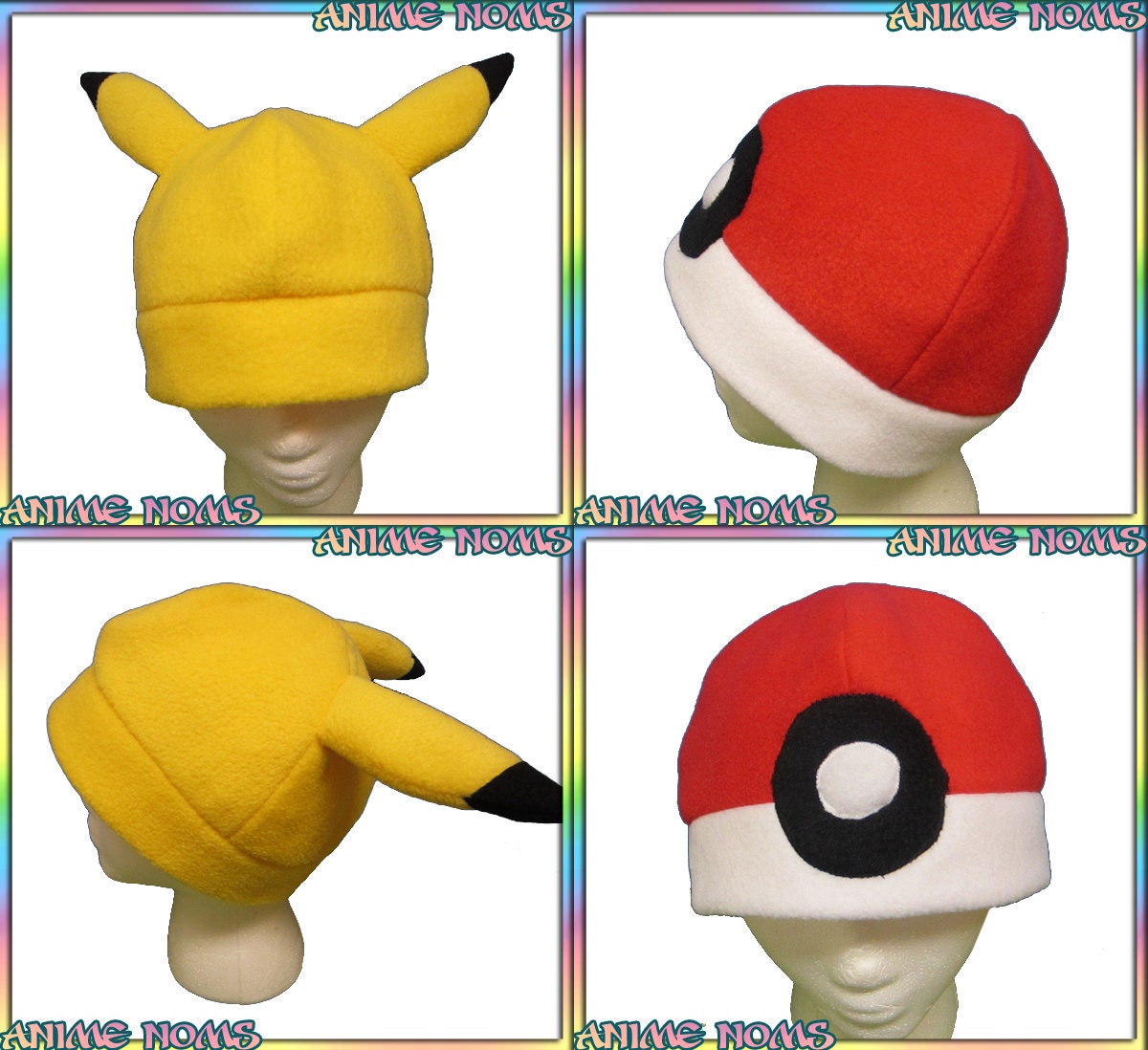 Pikachu and Pokeball Combo Pack - 2 Hat Deal, Pokemon Cosplay Yellow Red White Black Anti-Pill Fleece