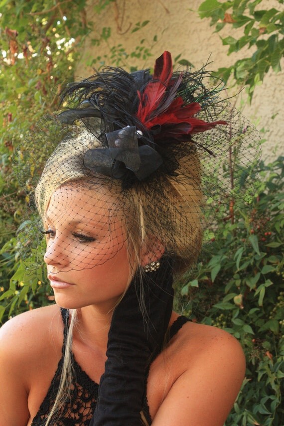 Black VINTAGE Fascinator, Feather Headpiece with BIRDCAGE VEIL from LasVegasVeils