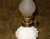 Vintage Miniature Oil Lamp, 1950's or Earlier, 4 3/4"H, Milkglass w Satin Glass Shade