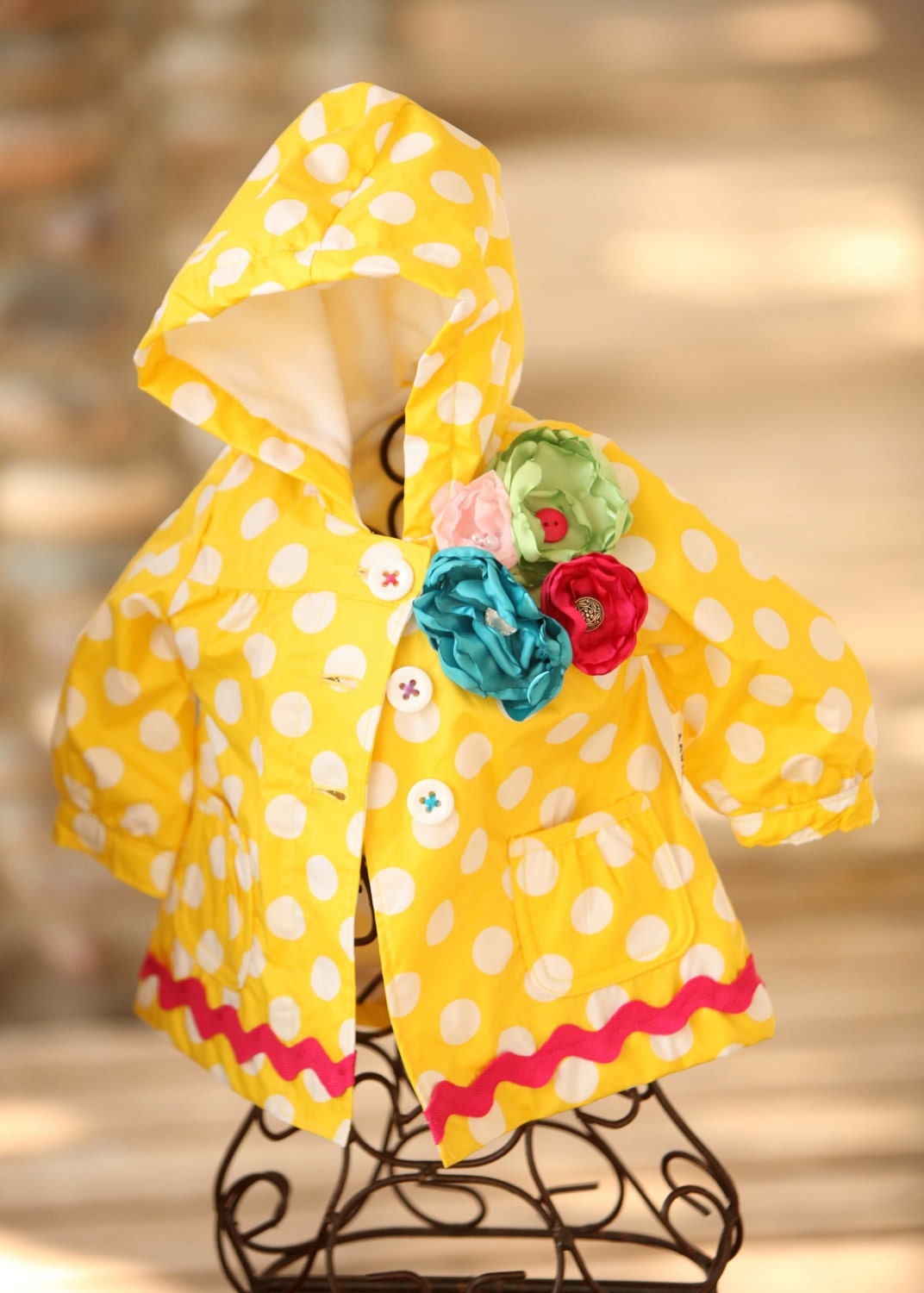 Yellow Polka Dot Infant Vinyl Coat with Fleece Lining and Beautiful Flower and Ric Rac Accents