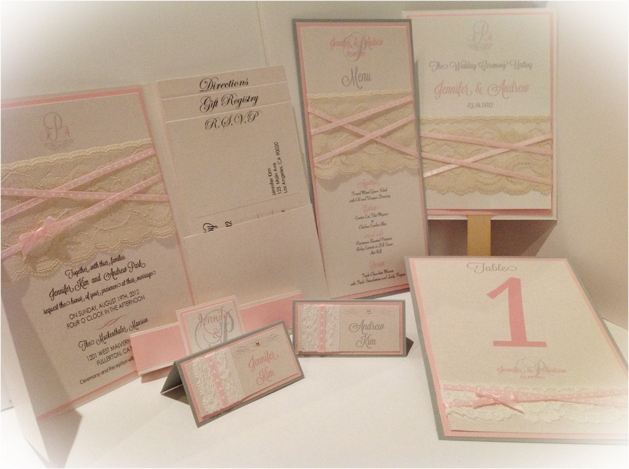 Vintage lace custom wedding Invitations, Programs, Place cards, Menus, and Table numbers Set Sample