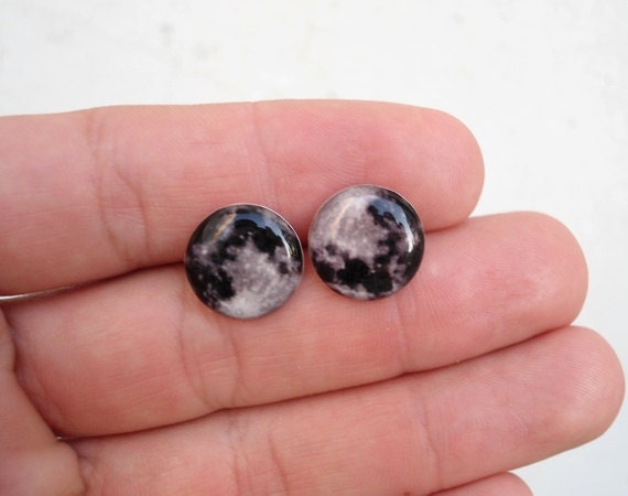Full Moon Earrings, Glass Photo Small Ear Studs (E8)