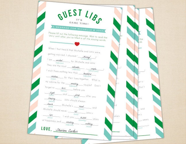 Guest Libs for Wedding Bridal or Baby Shower Game - Printable and Personalized