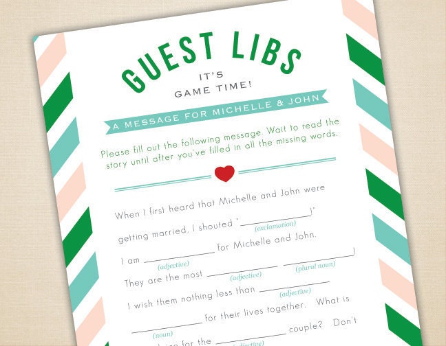 Guest Libs for Wedding Bridal or Baby Shower Game - Printable and Personalized