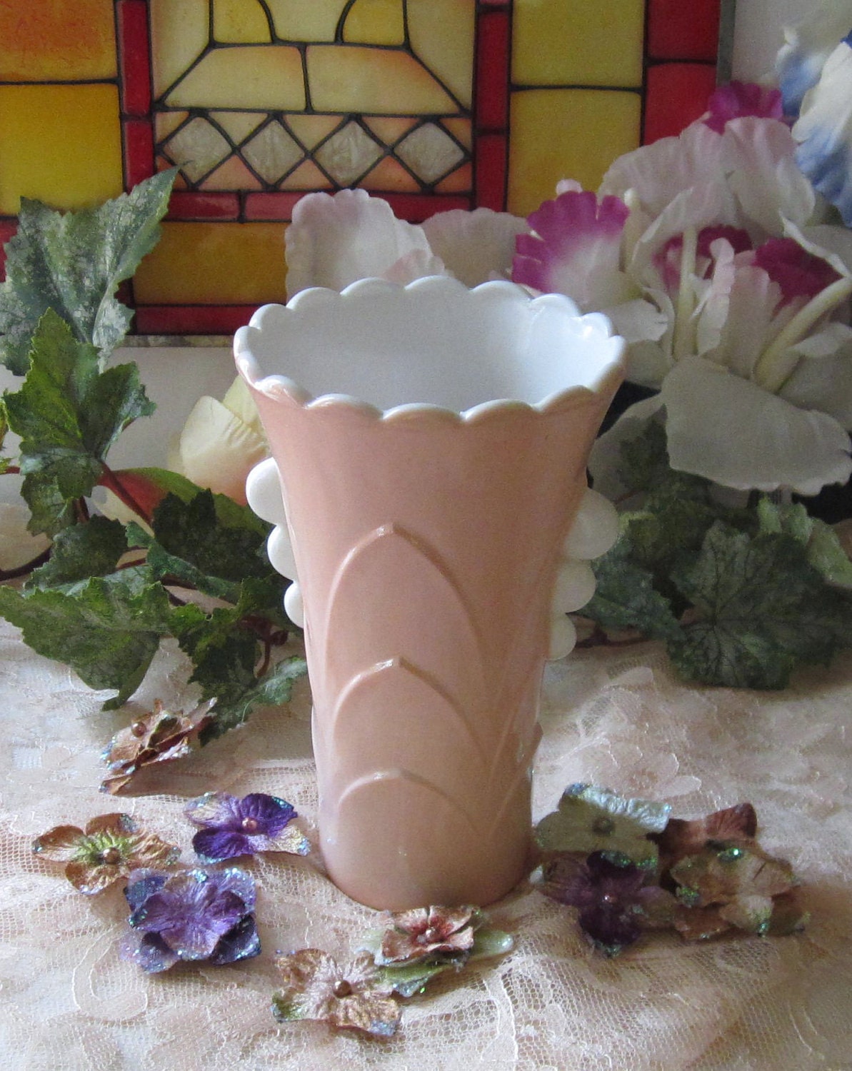vintage Fire King Pink Milk Glass Vase Shabby Cottage