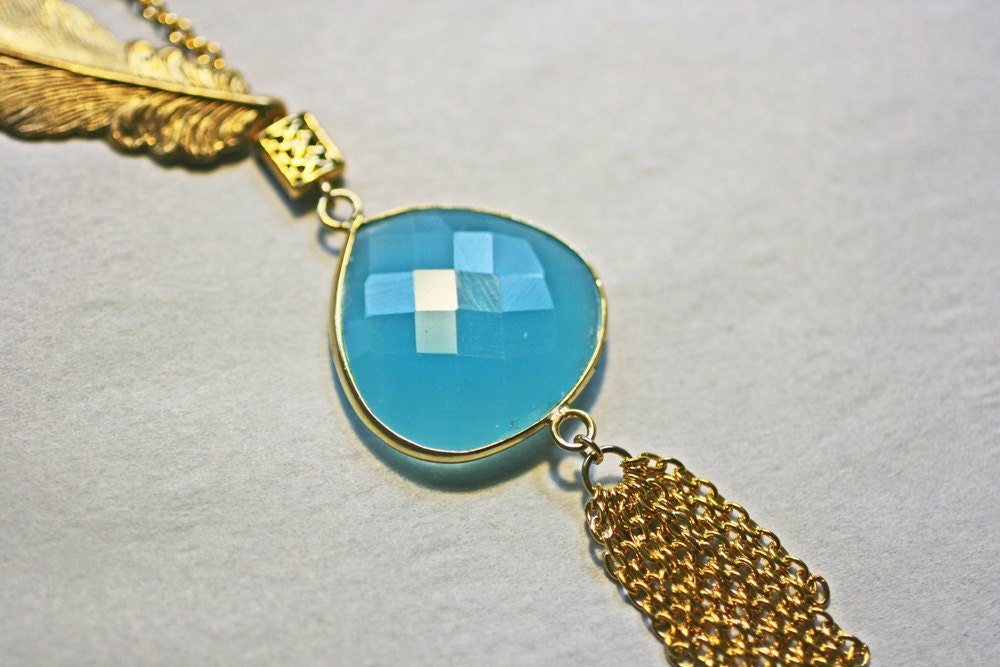 Aqua Chalcedony Feather Necklace