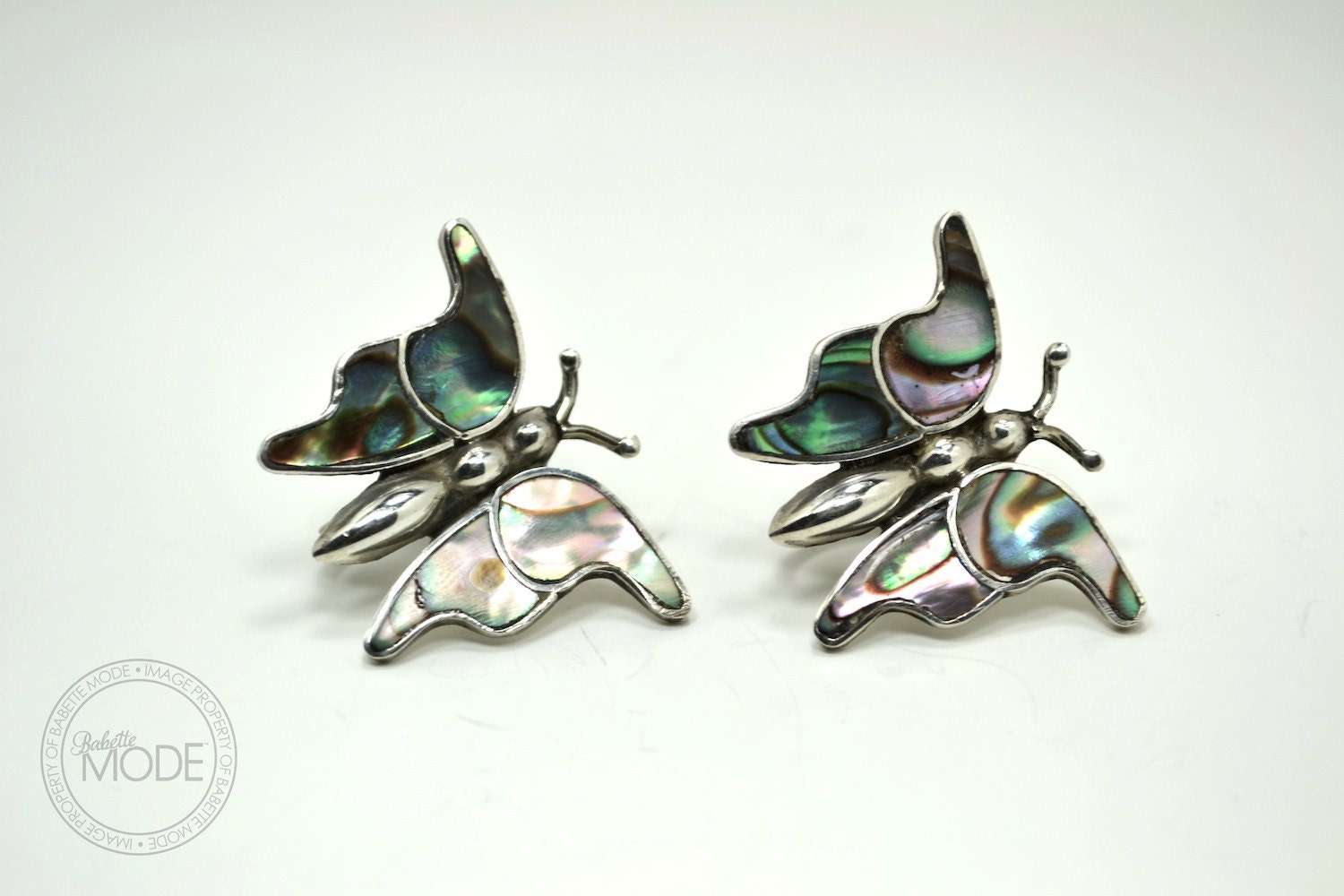 Vintage Abalone Shell Silver Butterfly Earrings Screwbacks