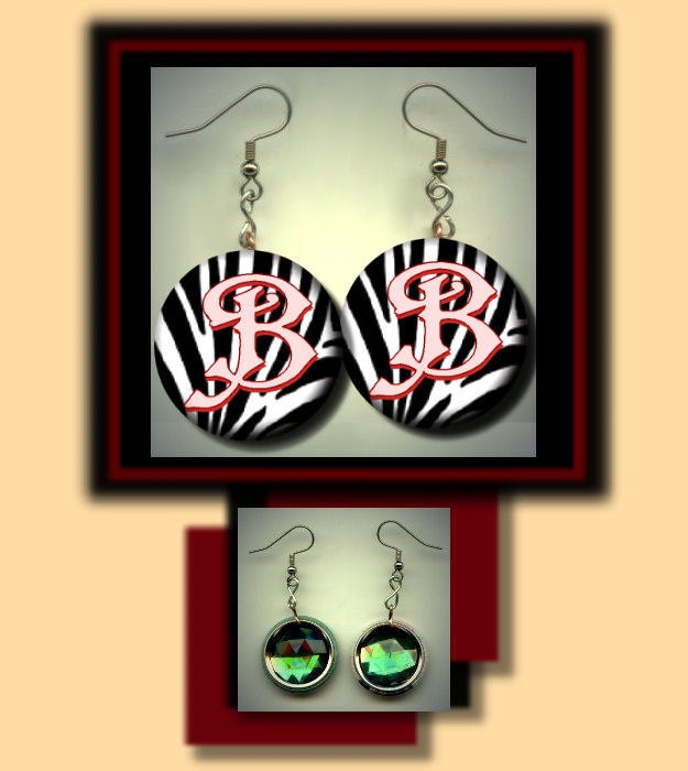 MONOGRAM Custom INITIAL Zebra Animal Print Altered Art Dangle Earrings with Rhinestone