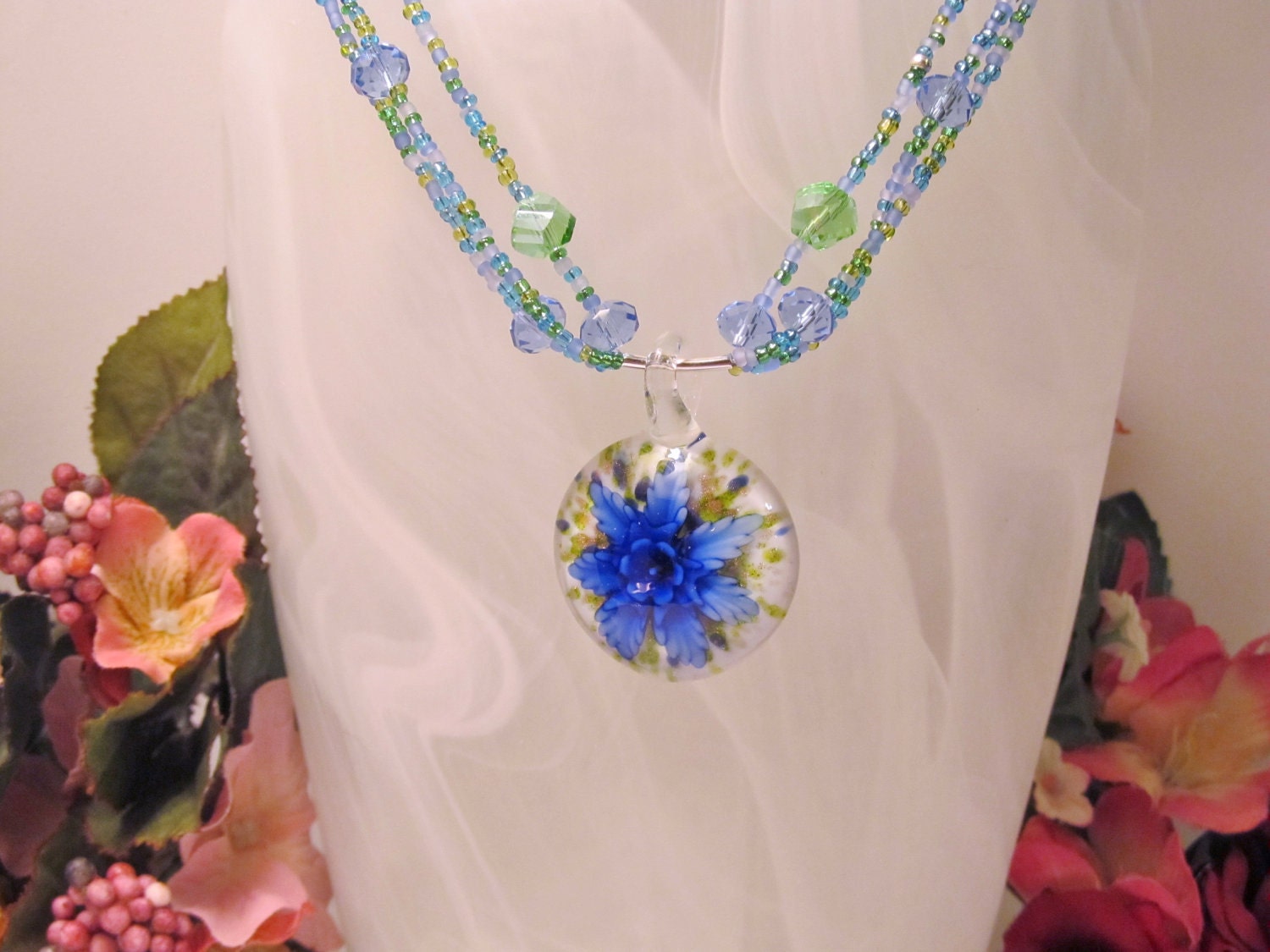 Memories of Summer Necklace II - Blue Glass Flower Pendant with Triple Strand Glass and Crystal Necklace