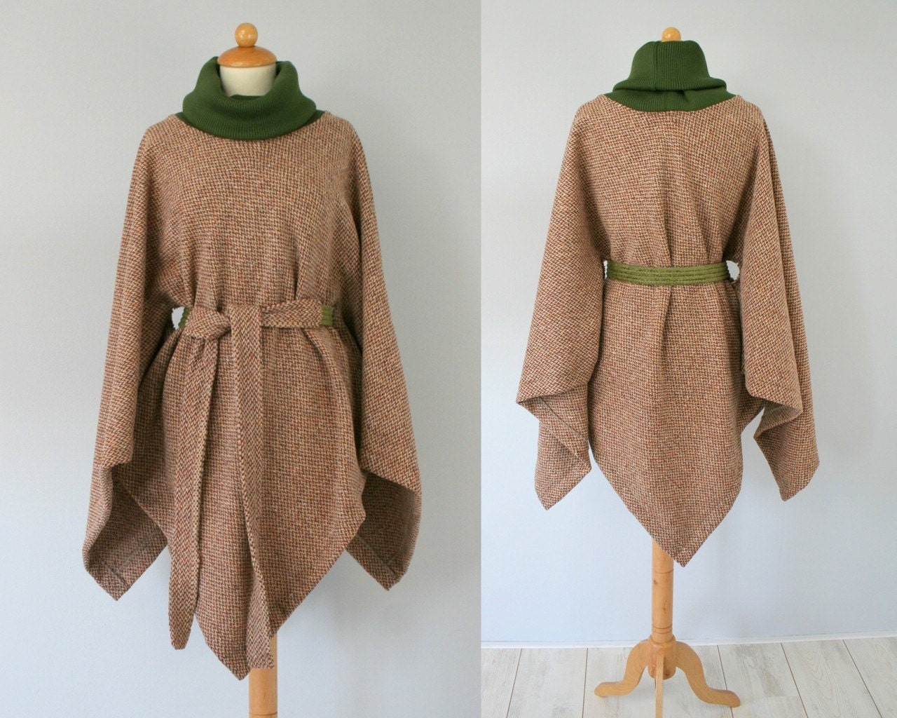 Wool poncho in shades of camel brown and green - ready to ship - Bartinki
