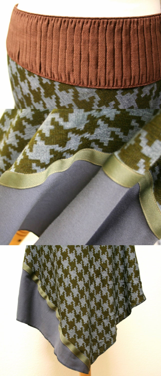 Asymmetric slip-in skirt in houndstooth pattern - grey, brown and khaki green - size medium/large US 8/10