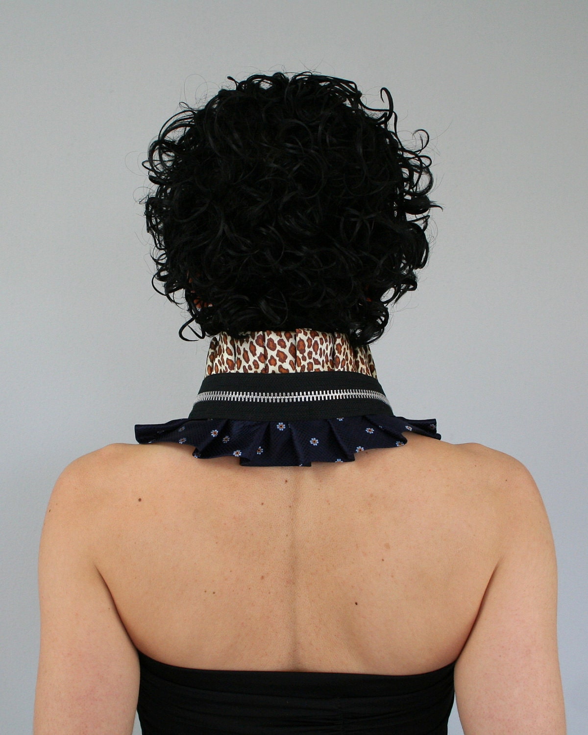 Animal print collar from upcycled silk in dark blue and animal print satin with black zipper, sophisticated collar necklace