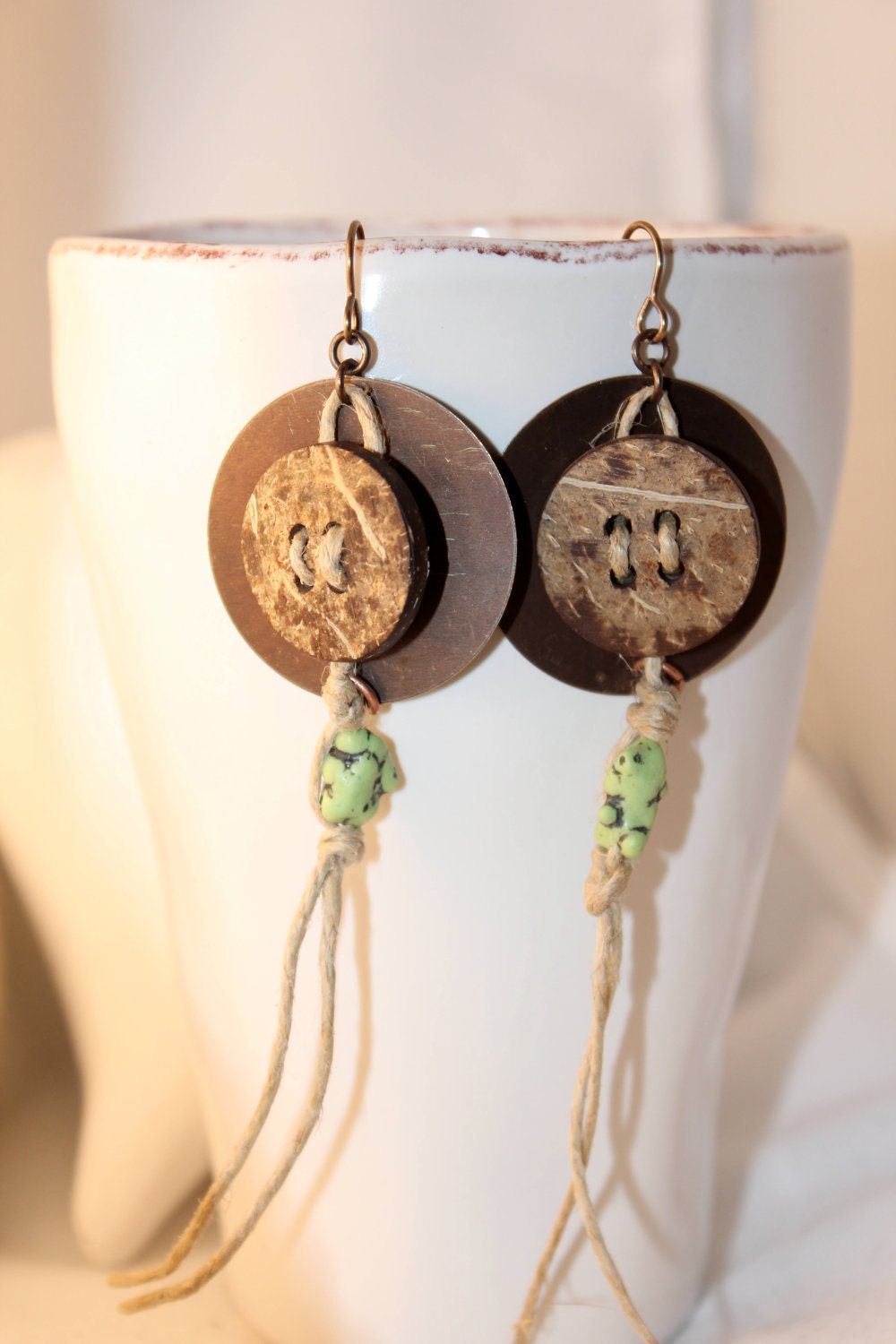 Naturally Charming - Antique Wooden Button Brass Hemp and Bead Earrings