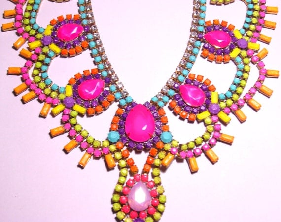 One of a Kind Pastel and Neon Handpainted Vintage Rhinestone Necklace (Example)