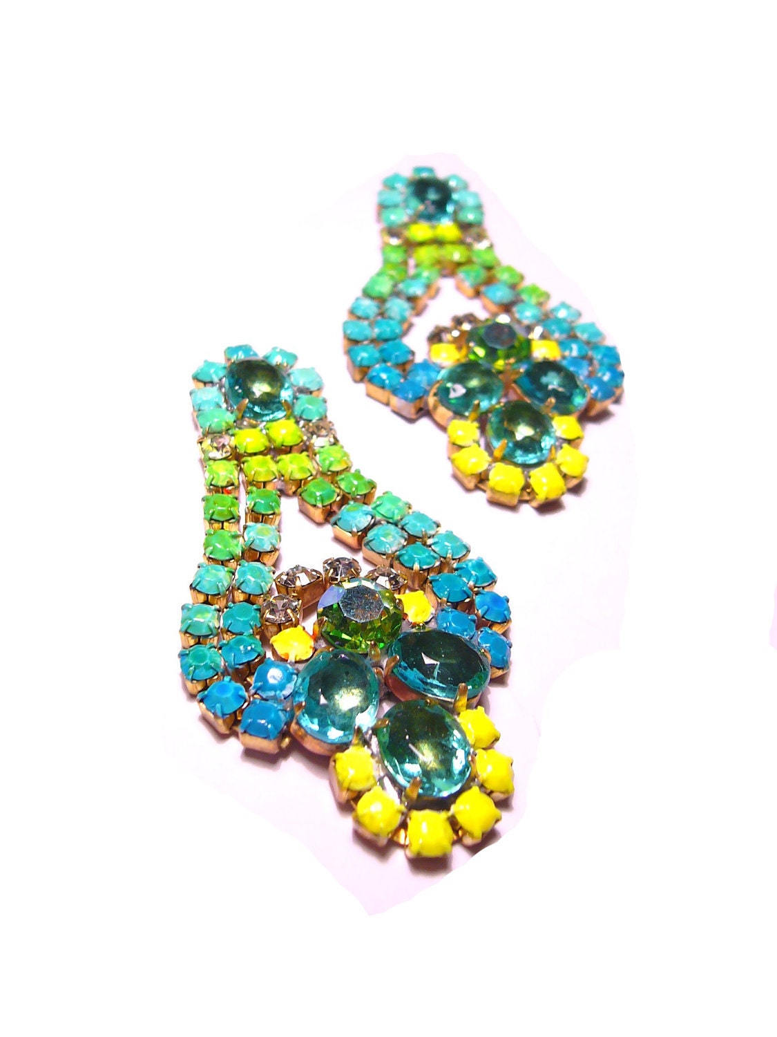 One of a Kind Gradient Neon Hand Painted Vintage Rhinestone Earrings - Brazilian SeaBreeze (RESERVED)