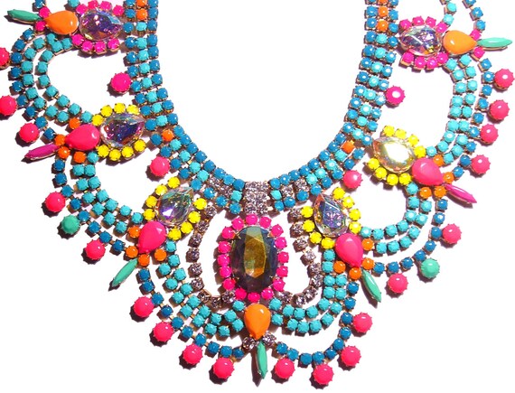 One of a Kind Neon Handpainted Vintage Rhinestone Necklace - Example