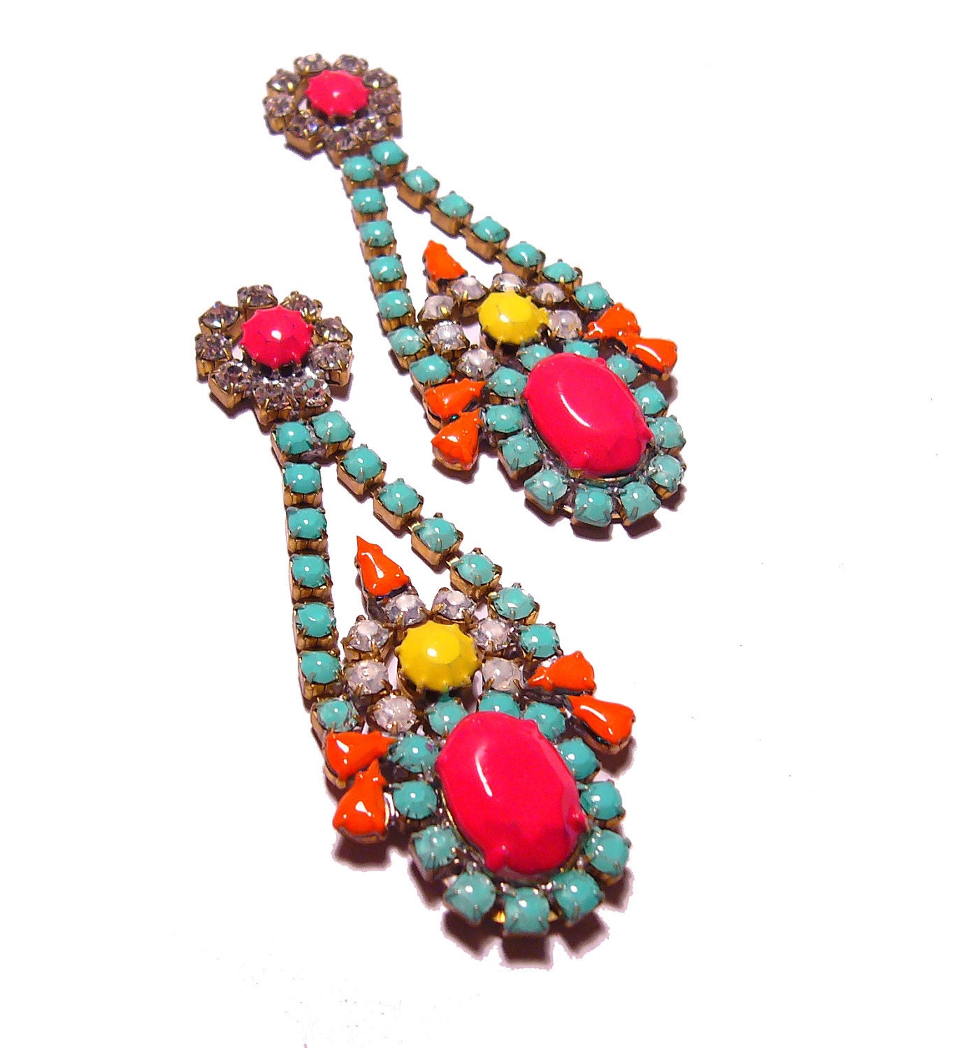 Long One of a Kind Neon Hand Painted Vintage Rhinestone Earrings - La Bohème V