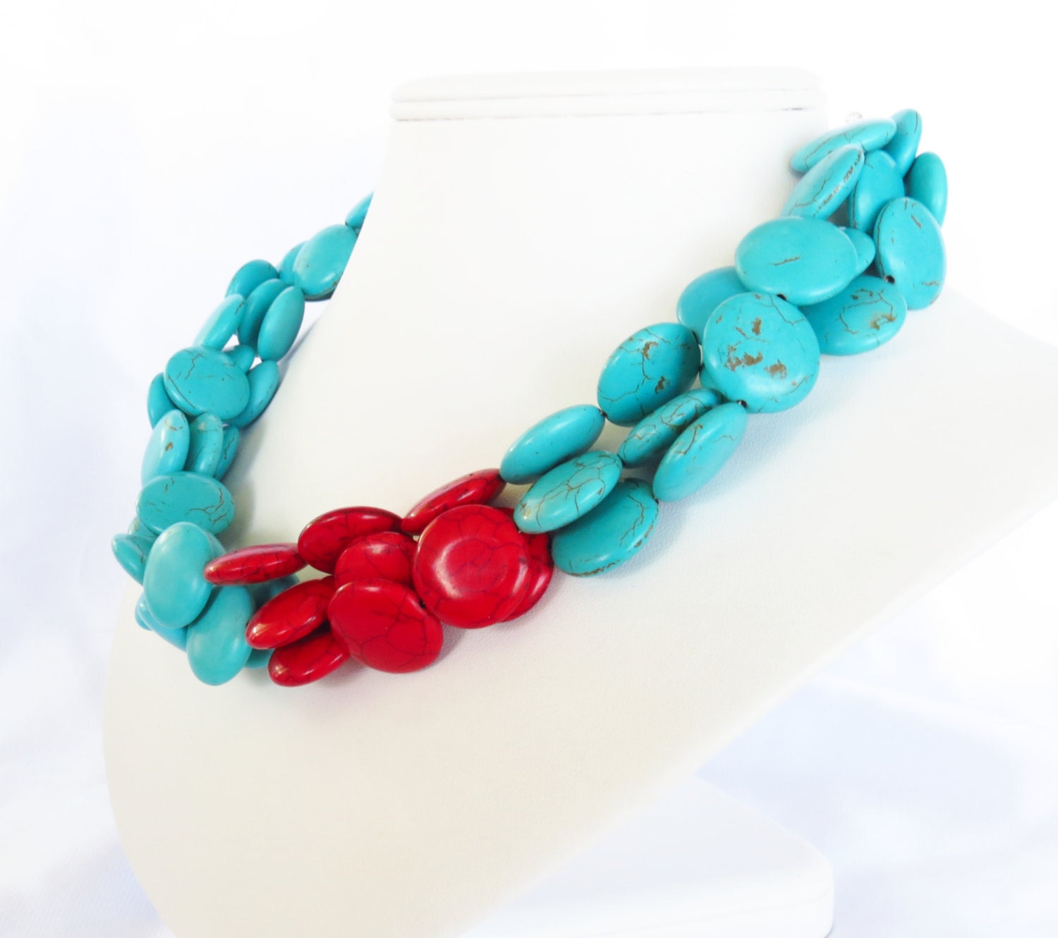 Turquoise Necklace - Asymmetrical Red and Turquoise Statement Necklace